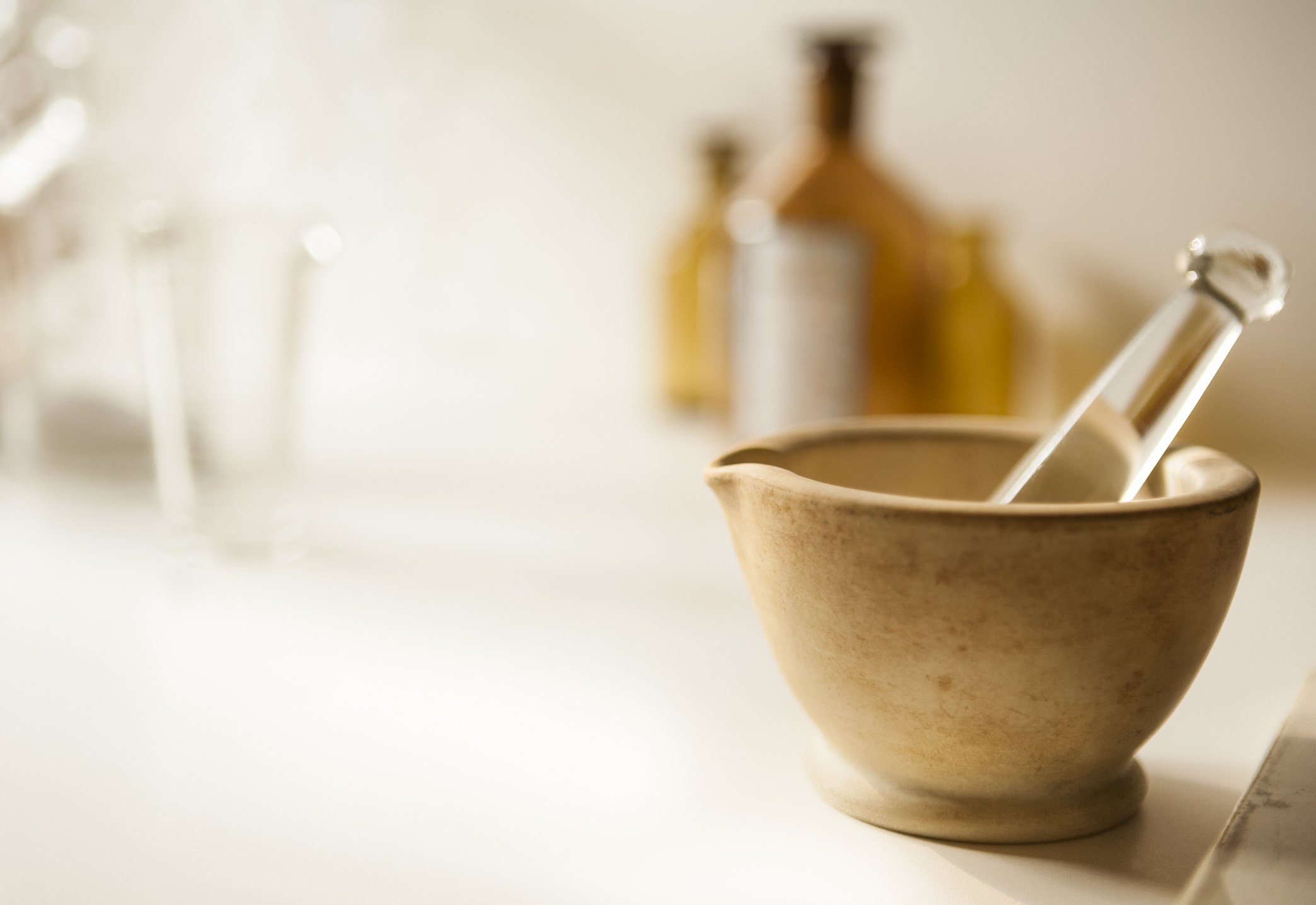Mortar and pestle with pharmacy bottles for compounding